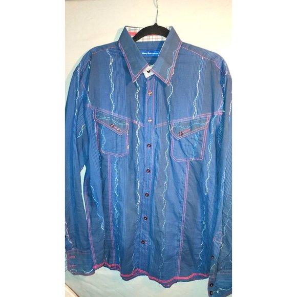 George Roth Los Angeles Mens Large Navy Blue Button Down Long Sleeve Embroidered - Picture 1 of 10